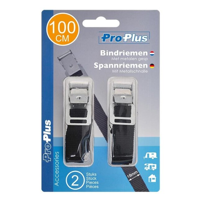ProPlus Bindriemen met metalen gesp - 18 mm x 100 cm - zwart - set van 2 stuks
