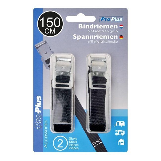 ProPlus Bindriemen met metalen gesp - 18 mm x 150 cm - zwart - set van 2