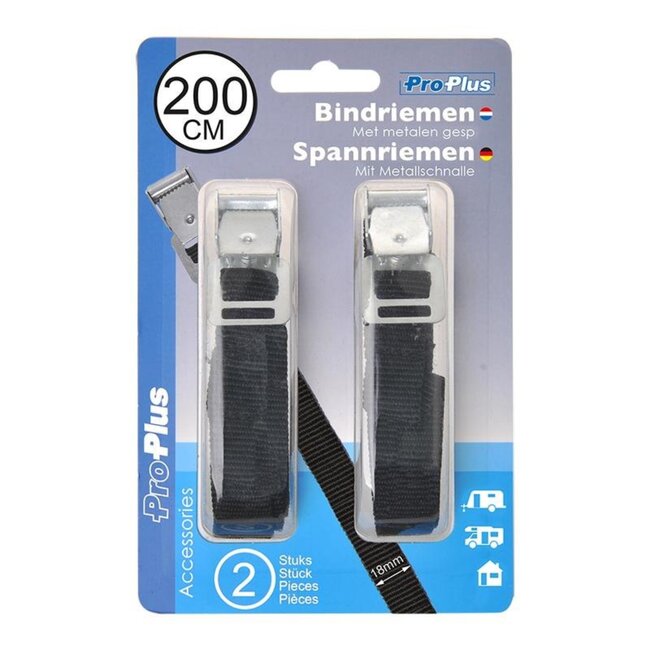 ProPlus Bindriemen met metalen gesp - 18 mm x 200 cm - zwart - set van 2