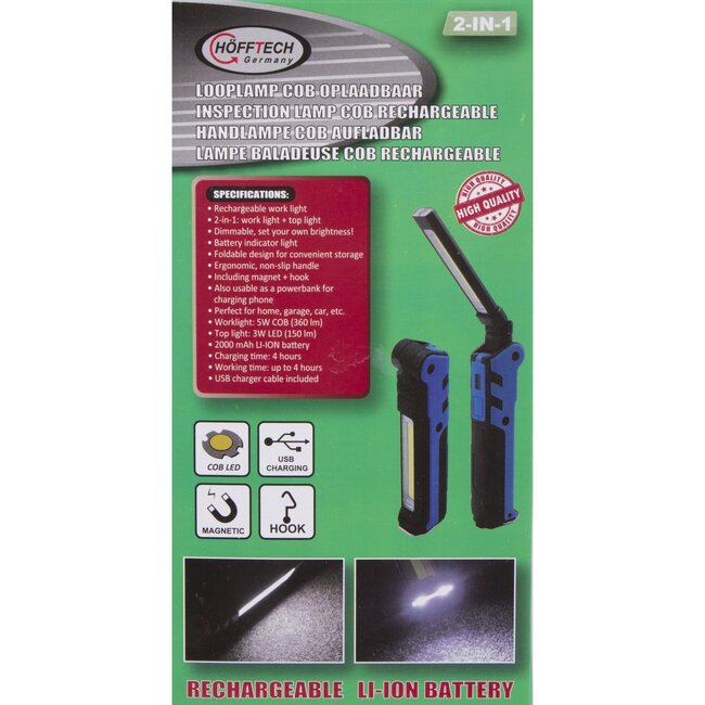 Hofftech 2-in-1 LED looplamp en zaklamp - dimbaar - 2200 mAh - 3W - met magneet en ophanghaak