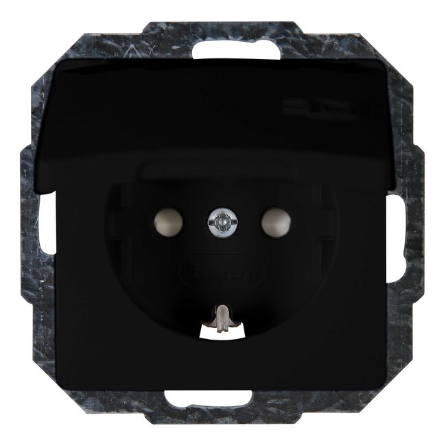 Kopp Wandcontactdoos met deksel - randaarde - mat zwart - 1-voudig - kinderbeveiliging