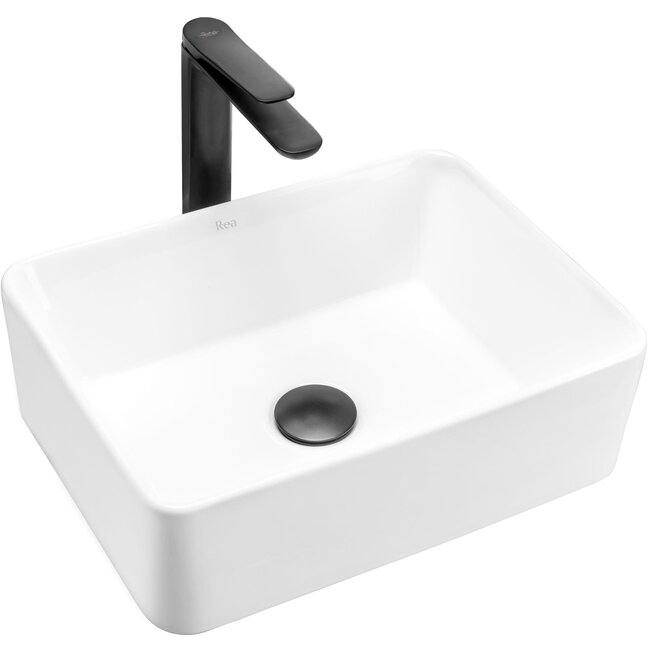 REA Rechthoekige opzetwastafel - Glanzend wit - 41x31x13,5 cm - Keramiek - Vuilafstotend en antibacterieel