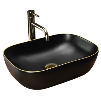 REA Rechthoekige opzetwastafel - mat zwart met gouden rand - 33 x 46,5 x 13,5 cm - stijlvol en modern design