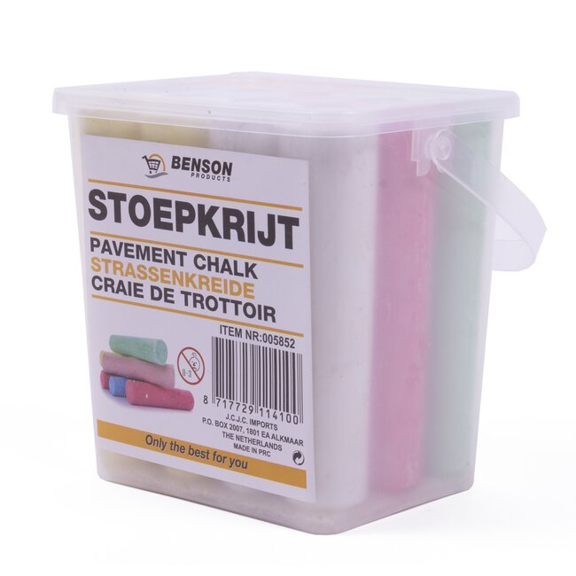 Benson Kleurrijke stoepkrijt set - 12 stuks - Inclusief handig emmertje