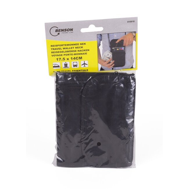 Benson Reisportemonnee - Halsportemonnee - Zwart - Compact - Verstelbare riem - 17 × 14 cm