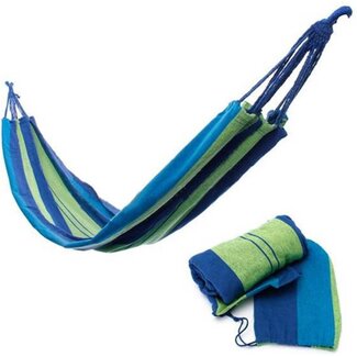 Benson Blauw gestreepte hangmat - 1 persoon - inclusief opbergzak en ophangset - 200x100 cm Benson Blauw gestreepte hangmat - 1 persoon - inclusief opbergzak en ophangset - 200x100 cm