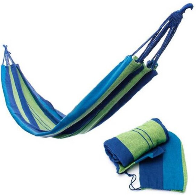 Benson Blauw gestreepte hangmat - 1 persoon - inclusief opbergzak en ophangset - 200x100 cm