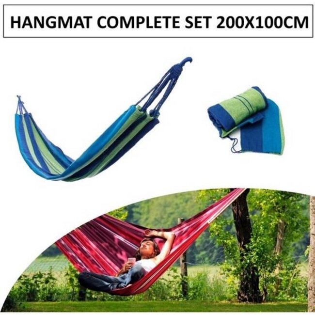 Benson Blauw gestreepte hangmat - 1 persoon - inclusief opbergzak en ophangset - 200x100 cm