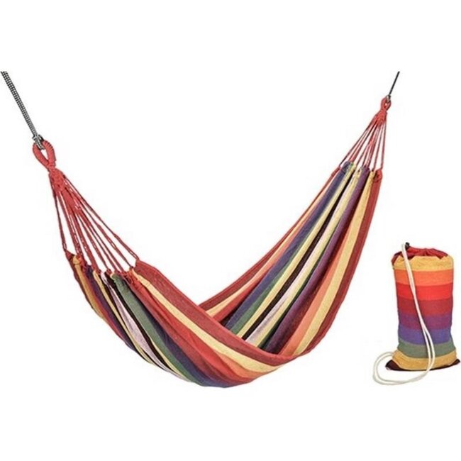 Benson Rood gestreepte hangmat - 1 persoons - Inclusief opbergzak - 200 × 100 cm - Max 150 kg