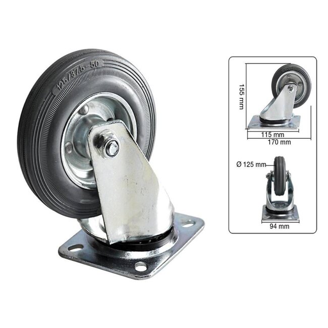 Benson Zwenkwielset - Ø 125 mm - Massief rubber - 100 kg belasting - 4 stuks