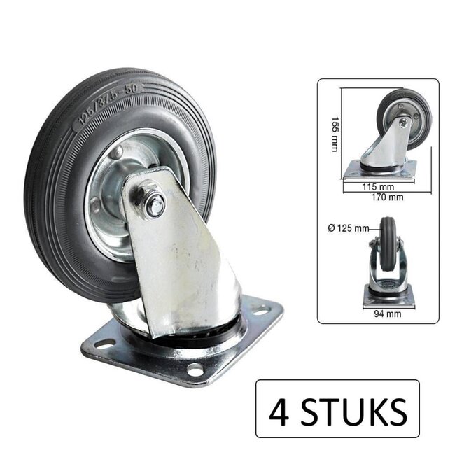 Benson Zwenkwielset - Ø 125 mm - Massief rubber - 100 kg belasting - 4 stuks
