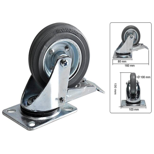Benson Set zwenkwielen met rem - massief rubber - 100 mm - 70 kg - 4 stuks