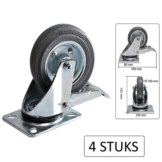 Benson Set zwenkwielen met rem - massief rubber - 100 mm - 70 kg - 4 stuks