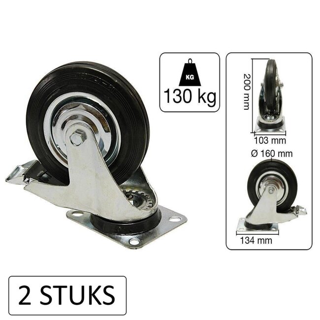 Benson Zwenkwiel - Ø 160 mm - Met rem - Belastbaar tot 130 kg - Set van 2