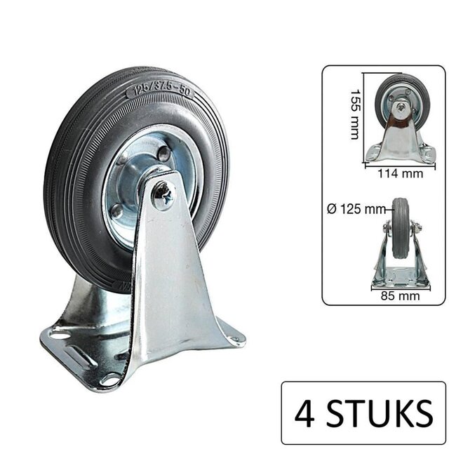 Benson Set bokwielen - 125 mm - 100 kg draagvermogen - 4 stuks - slijtvast rubber