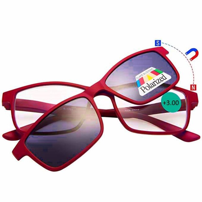 Benson Leesbril met magnetische zonneclip - rood - sterkte +2.00 - lichtgewicht