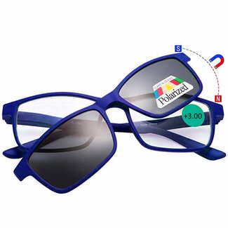 Benson Leesbril met magnetische zonneclip - blauw - sterkte +3.00 - lichtgewicht - modieus ontwerp