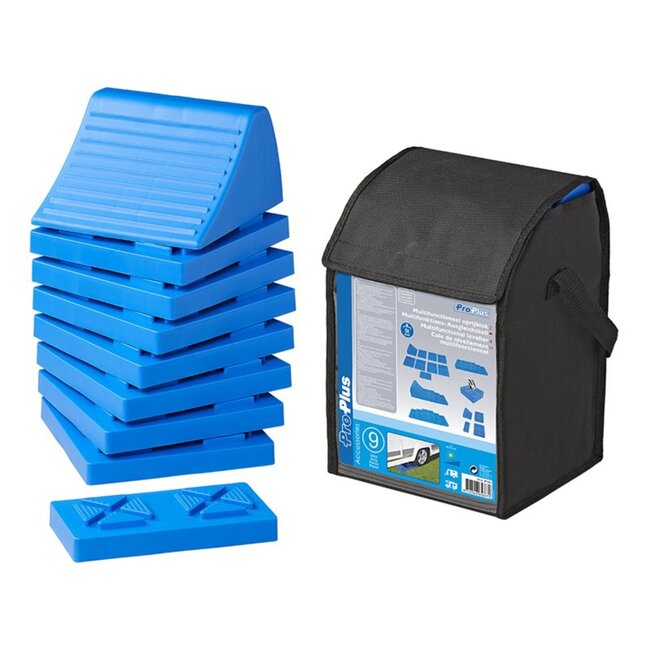 ProPlus Multifunctioneel stapelbaar oprijblok - 9-delig - blauw - 4 niveaus - lichtgewicht kunststof