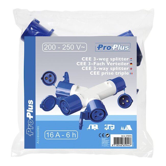 ProPlus 3-weg splitter - 16A - IP44 - 230V - slagvast kunststof - blauw/wit