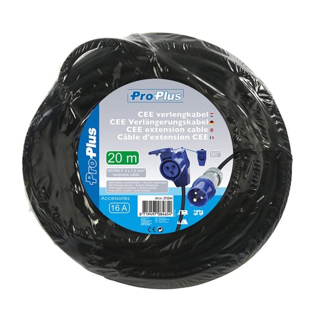 ProPlus Verlengkabel - 20 meter - Haakse contrastekker - Schuko stopcontact - 3 x 1.5 mm²
