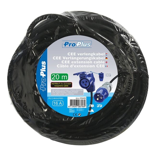 ProPlus Verlengkabel - 20 meter - waterbestendig - haakse contrastekker - schuko stopcontact - 3 x 2,5 mm²