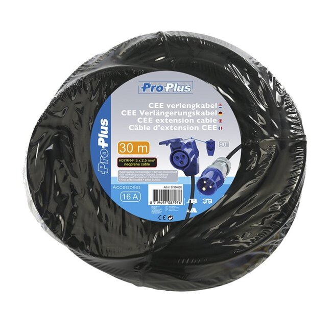 ProPlus Verlengkabel - 30 meter - waterbestendig - haakse stekker - schuko stopcontact - IP44