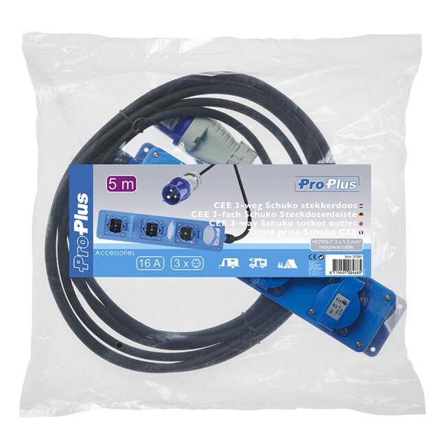 ProPlus Stekkerdoos - 3-weg Schuko - 5 meter - IP44 - Neopreen kabel