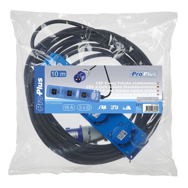 ProPlus Stekkerdoos - 3-weg Schuko - 10 meter - Neopreen kabel - IP44