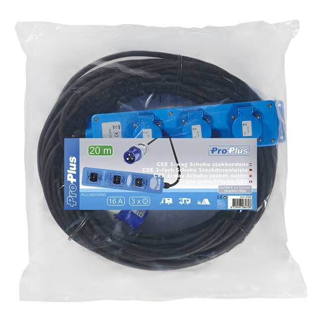 ProPlus Stekkerdoos - CEE naar 3x Schuko - 20 meter - IP44 - Neopreen kabel