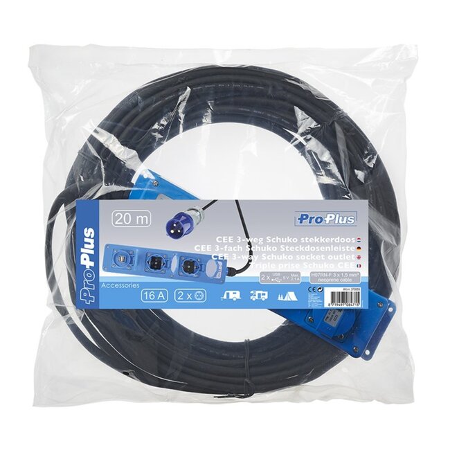 ProPlus Stekkerdoos - 2 Schuko + 2 USB - 20 meter - IP44 - 16A