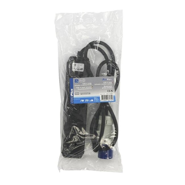ProPlus Stekkerdoos - CEE naar 4 Schuko - 1,5 meter - Zwart - IP44 - 16A