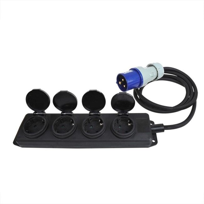 ProPlus Stekkerdoos - CEE naar 4 Schuko - 1,5 meter - Zwart - IP44 - 16A