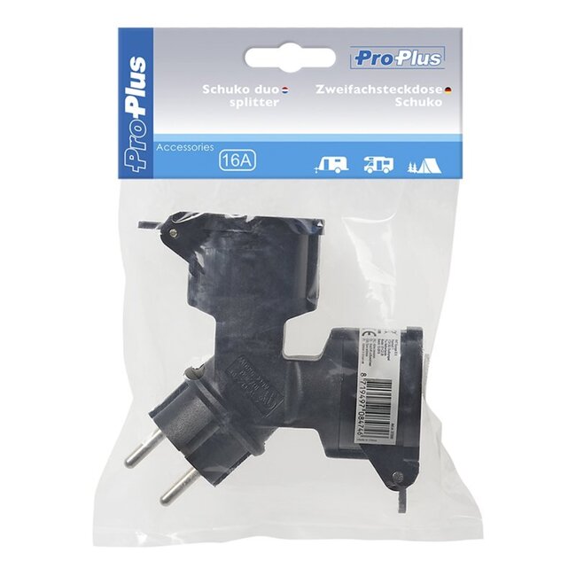 ProPlus Schuko stekker - duo splitter - 230V - zwart - IP44