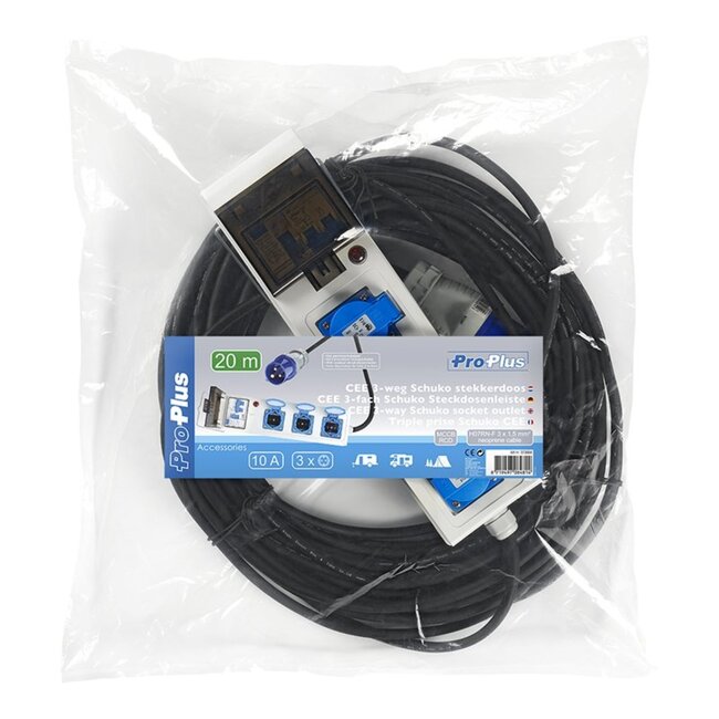 ProPlus Stekkerdoos voor tent/vouwwagen - 20 meter - 3 stopcontacten - MCCB en RCD - Neopreen kabel