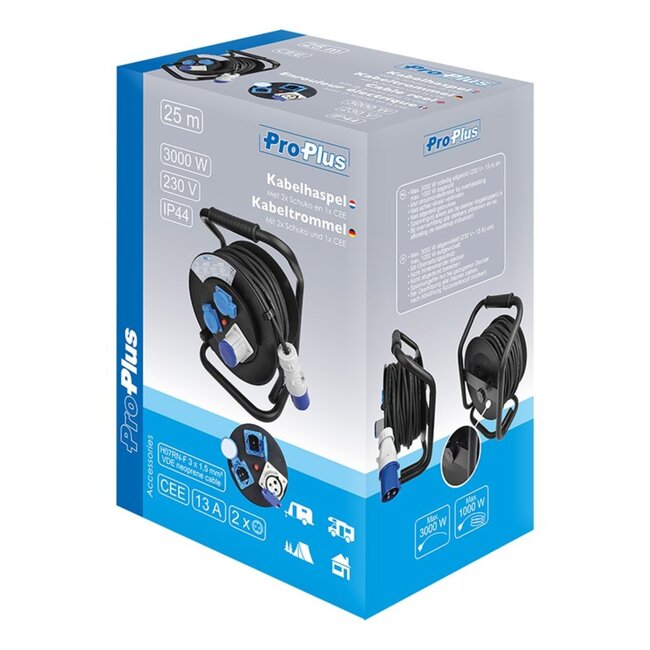 ProPlus Kabelhaspel - 25 meter - CEE naar Schuko - 3 x 1.5 mm² - IP44