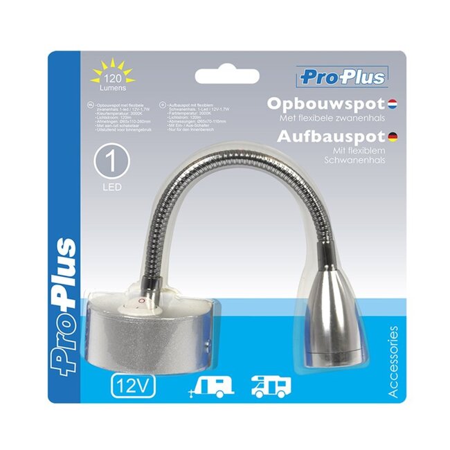 ProPlus Opbouwspot - Flexibele zwanenhals - 12V - 120 lumen - Ø 65 x 110-260 mm
