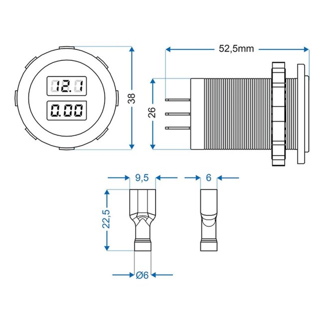ProPlus Digitale volt- en ampèremeter - 6-30V - 0-10A - Ø 28 mm
