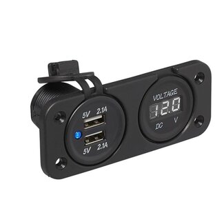 Pro Plus Inbouw Kit: Voltmeter 6 - 30V + USB Poort Dubbel 2 x 2100mA - blister