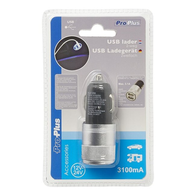 ProPlus Autolader - 2 USB-poorten - 12V/24V - Quick Charge - 3100mA