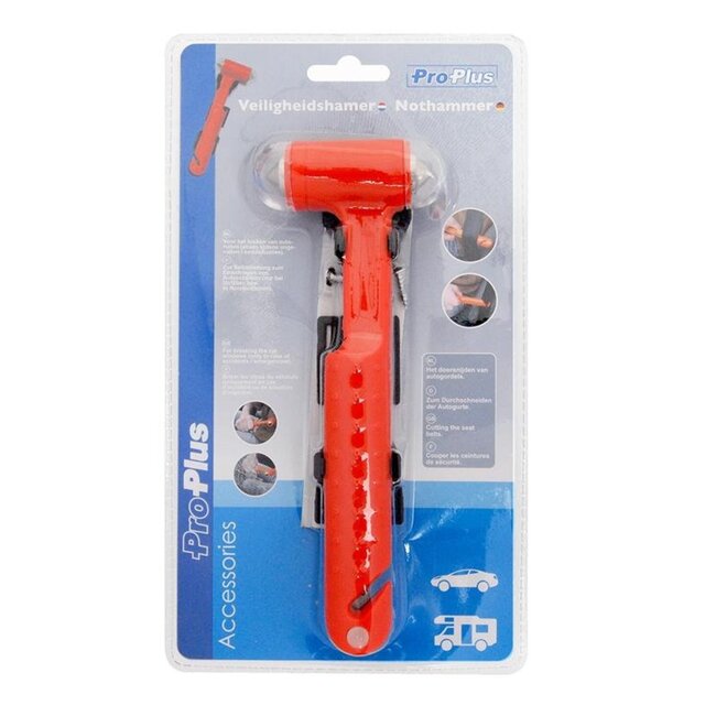 ProPlus Auto veiligheidshamer - dubbelzijdig - met gordelmes - inclusief houder - oranje