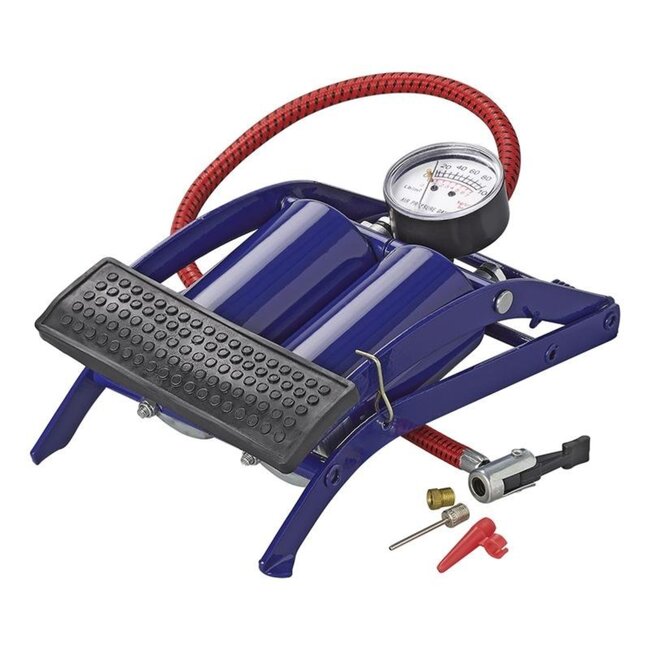 ProPlus Voetpomp met manometer - dubbele cilinder - max. 7 bar - incl. 3 ventieladapters