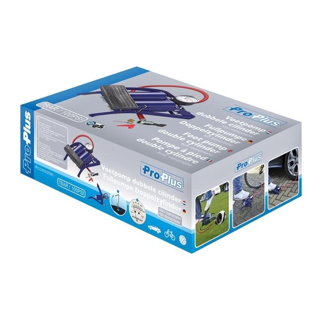 ProPlus Voetpomp met manometer - dubbele cilinder - max. 7 bar - incl. 3 ventieladapters