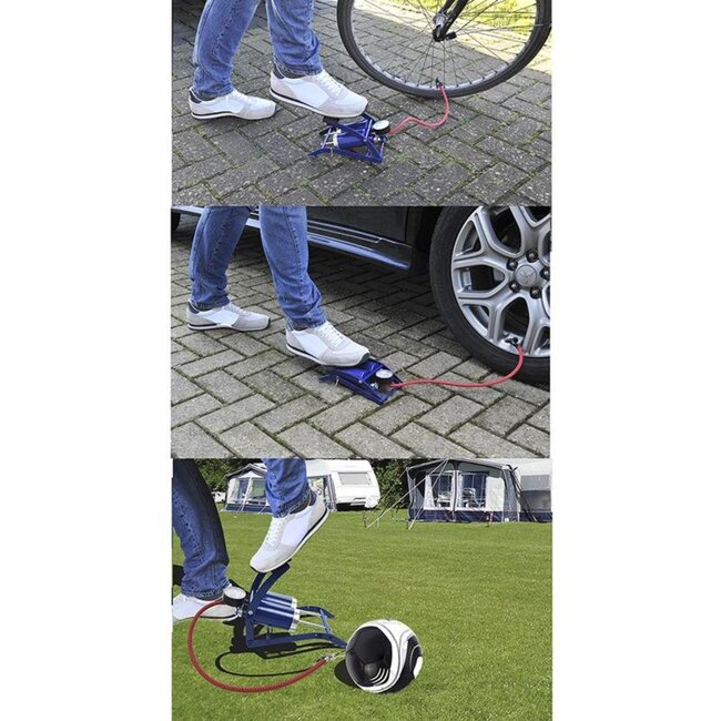 ProPlus Voetpomp met manometer - dubbele cilinder - max. 7 bar - incl. 3 ventieladapters