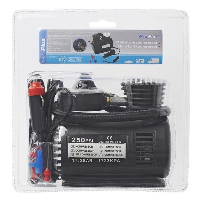 ProPlus Mini luchtcompressor - 12 volt - met manometer en verloopnippels - compact en handzaam