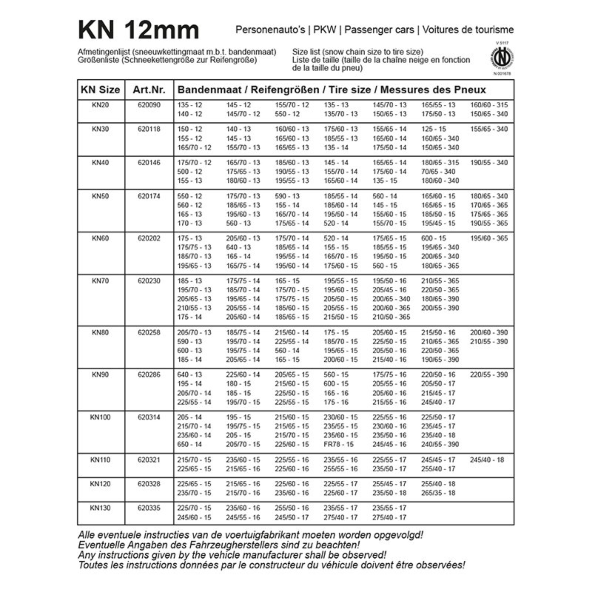 2 catene da neve per auto 12mm KN70 195 / 55-15 195 / 60-15 205 / 50-15 195  / 50-16