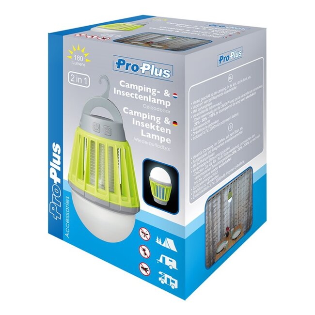 ProPlus Camping- en insectenlamp - 2 in 1 - oplaadbaar - spatwaterdicht - verschillende lichtniveaus