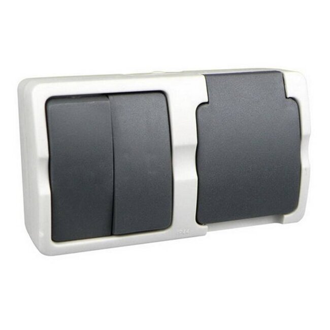 Ratio Dubbele schakelaar en stopcontact - spatwaterdicht - IP54 - horizontaal - plastic - 87x116x52 mm