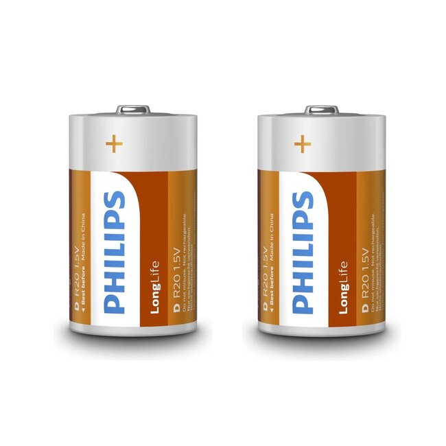 Philips D batterijen - Zinkchloride - Langdurige energie - Milieuvriendelijk - 2 stuks