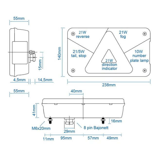Aspöck Achterlicht - 12V - Links - 6 functies - E9-gekeurd - 8-pin connector