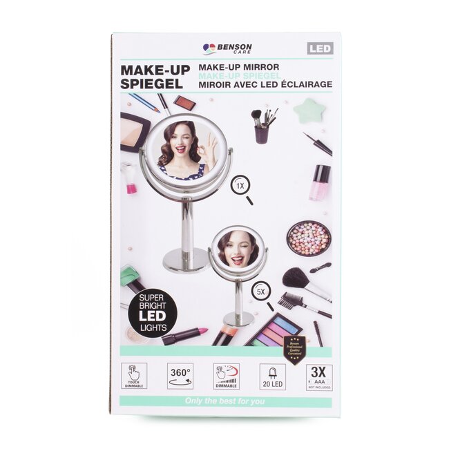 Benson Make-up spiegel - LED touch - dimbaar - 2-zijdig - chroom - Ø 13 cm